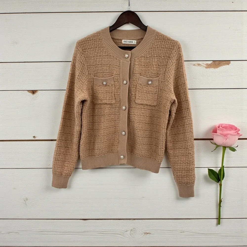 Grace Karin Textured Knit Cardigan Sweater Tan‎ Neutral Size M - Picture 2 of 7